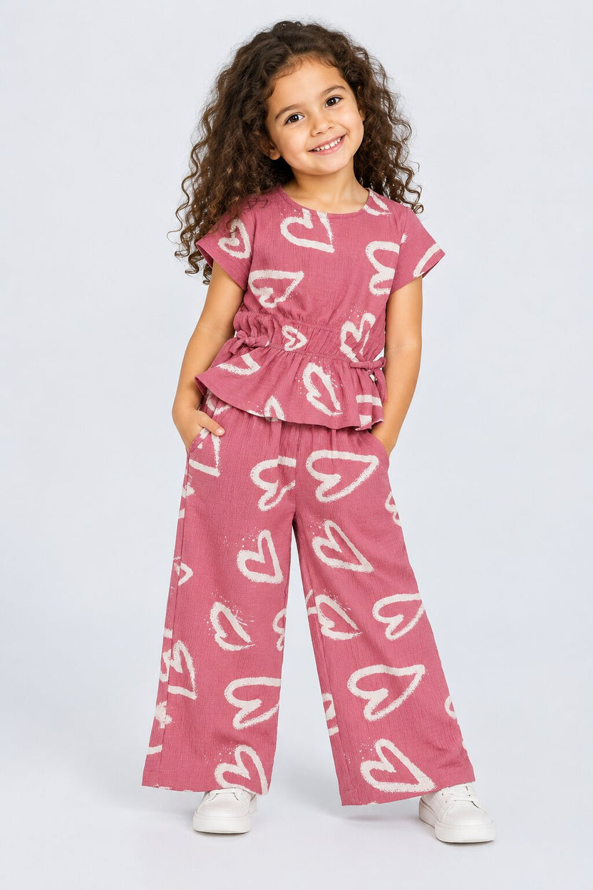 Pink Hearts Poly Crinkle Girls Co-ord Set - Image 1