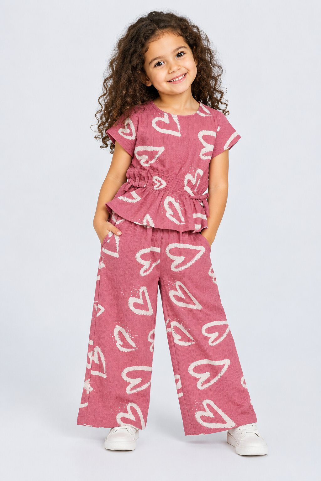 Pink Hearts Poly Crinkle Girls Co-ord Set - Image 1