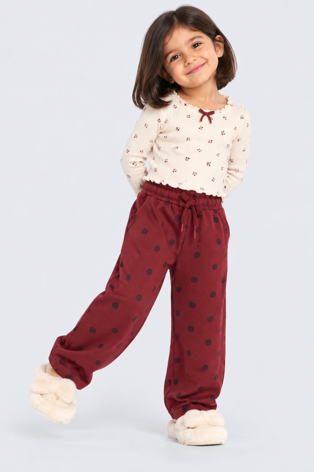 Maroon Polka Dots Cotton Girls Joggers - Image 1