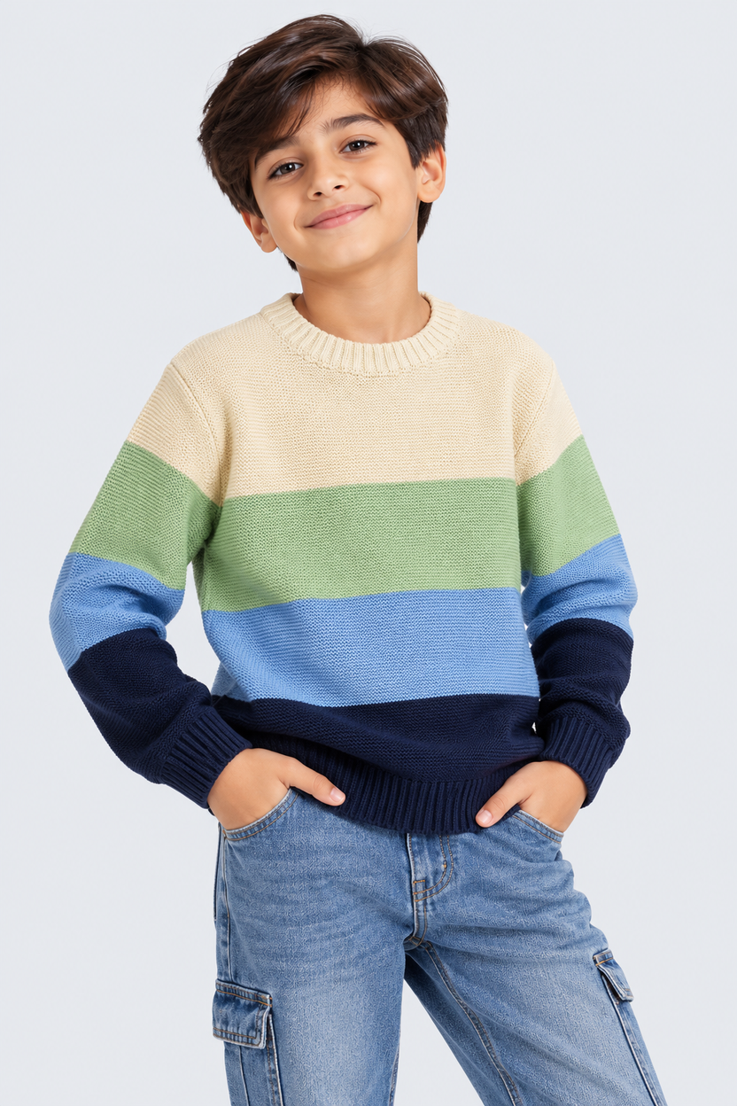 Tweens Boys Colorblock Striped Crew Neck Sweater - Image 1