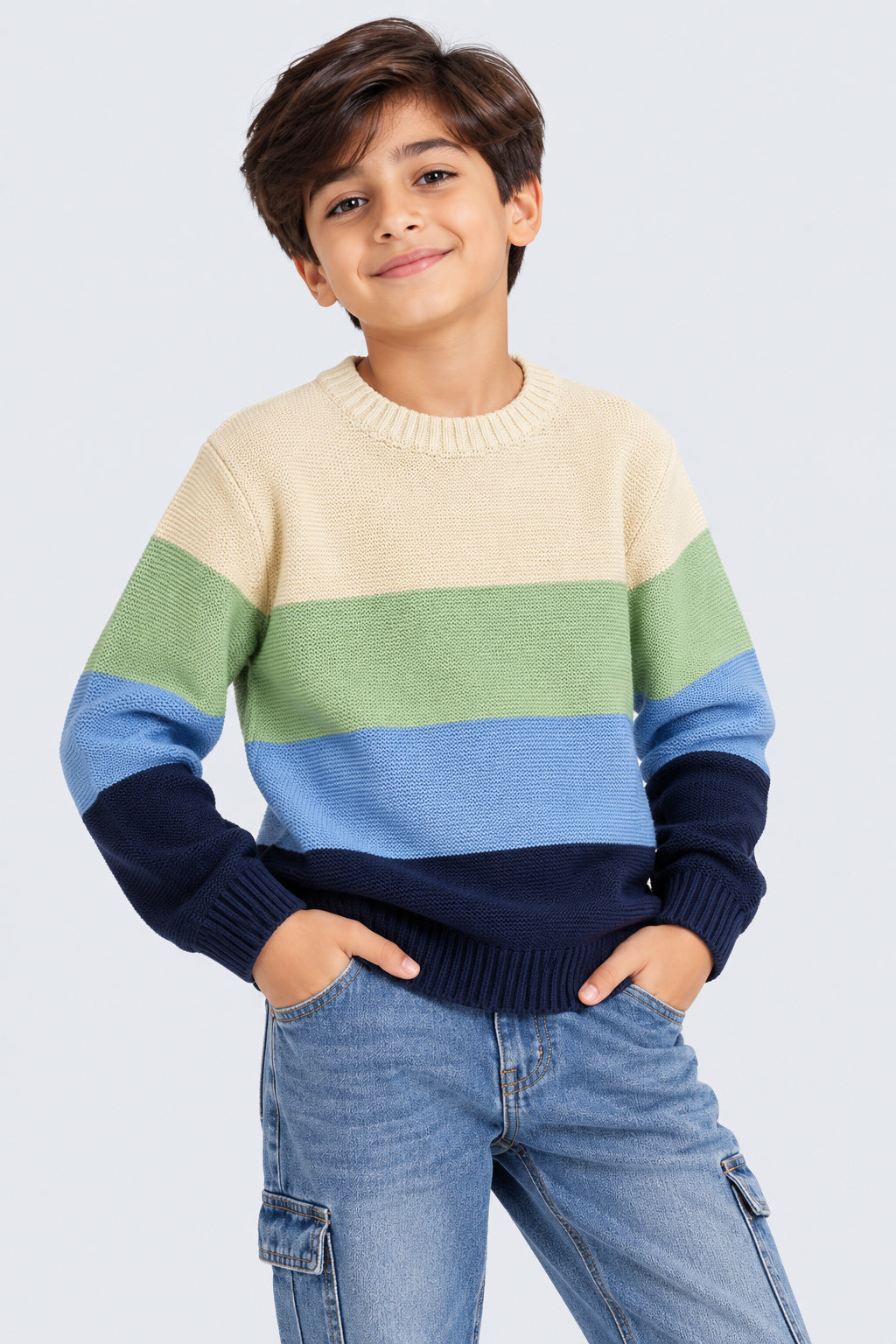 Tweens Boys Colorblock Striped Crew Neck Sweater - Image 1