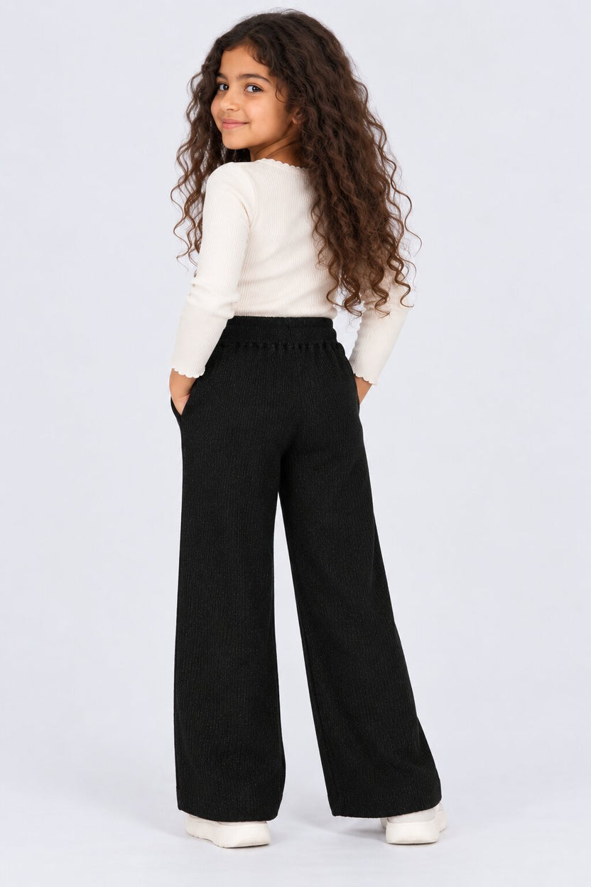 Tweens Girls Black Self Design Wide Leg Pant - Image 3