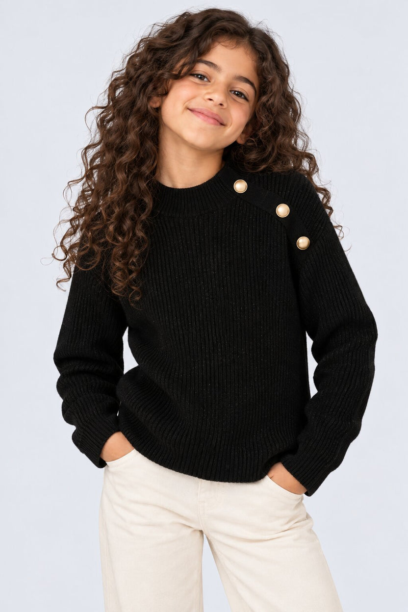 Tweens Girls Black Ribbed Button Detail Knit Sweater - Image 1