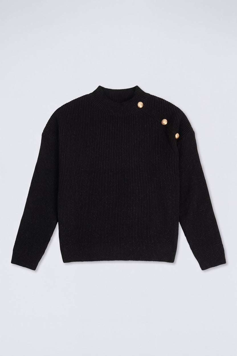 Tweens Girls Black Ribbed Button Detail Knit Sweater - Image 2