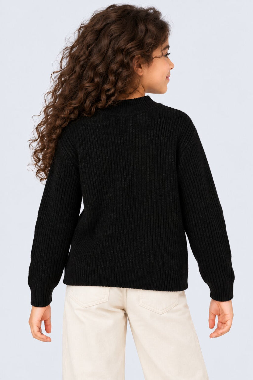 Tweens Girls Black Ribbed Button Detail Knit Sweater - Image 3