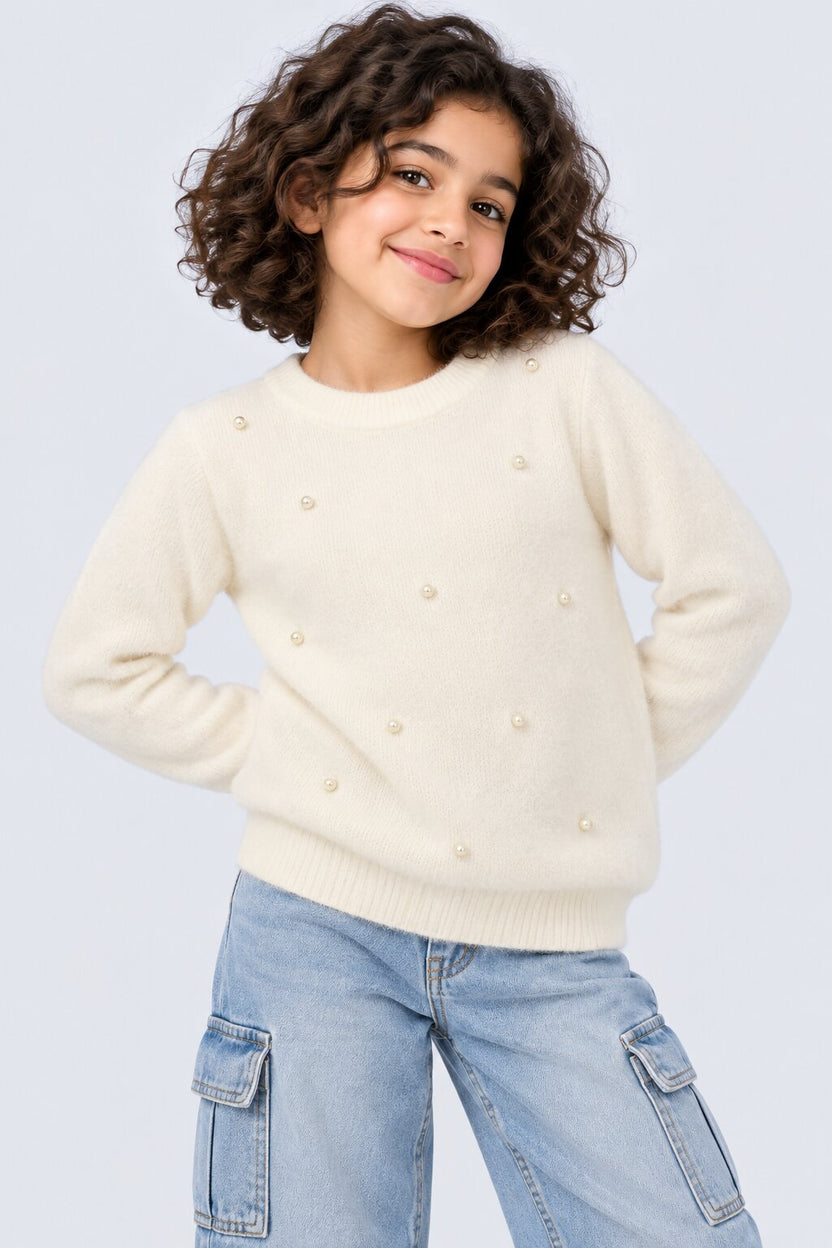 Tweens Girls White Pearl Embellished Knit Sweater - Image 1