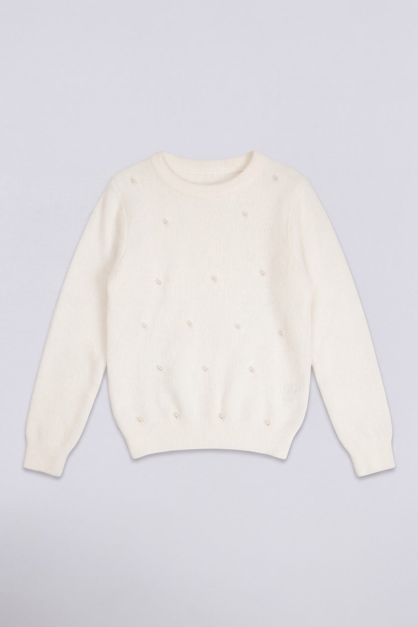 Tweens Girls White Pearl Embellished Knit Sweater - Image 2