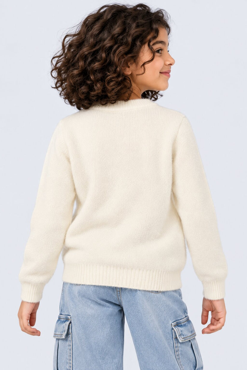 Tweens Girls White Pearl Embellished Knit Sweater - Image 3