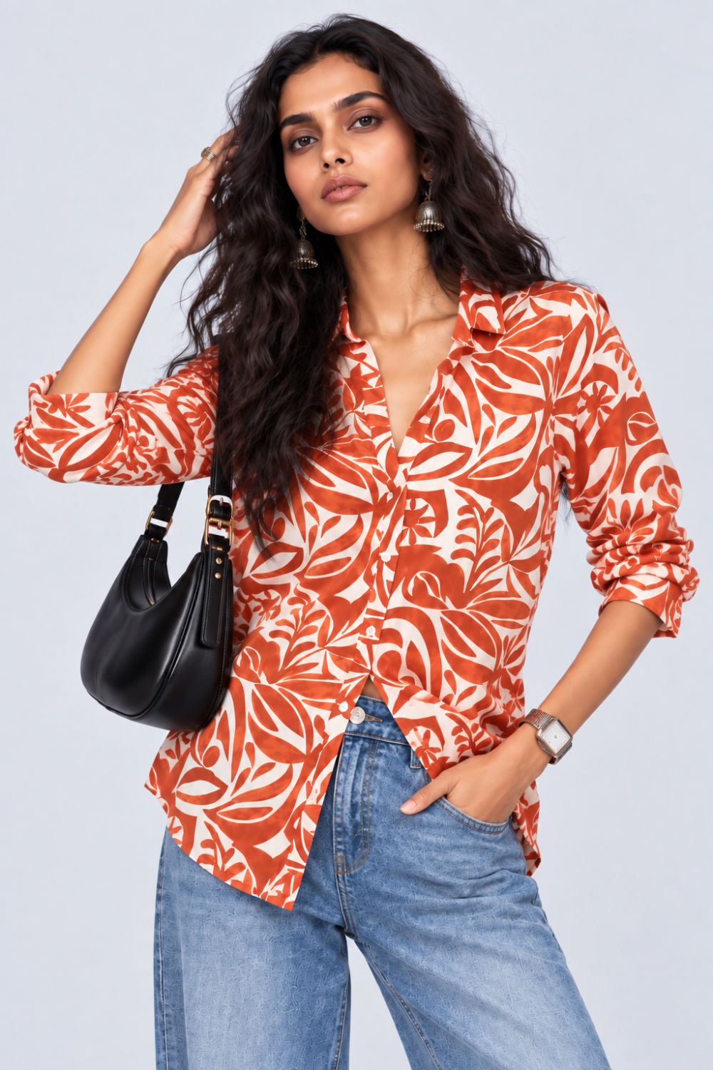 Womens Rust Tropical Print Casual Shirt - Image 1
