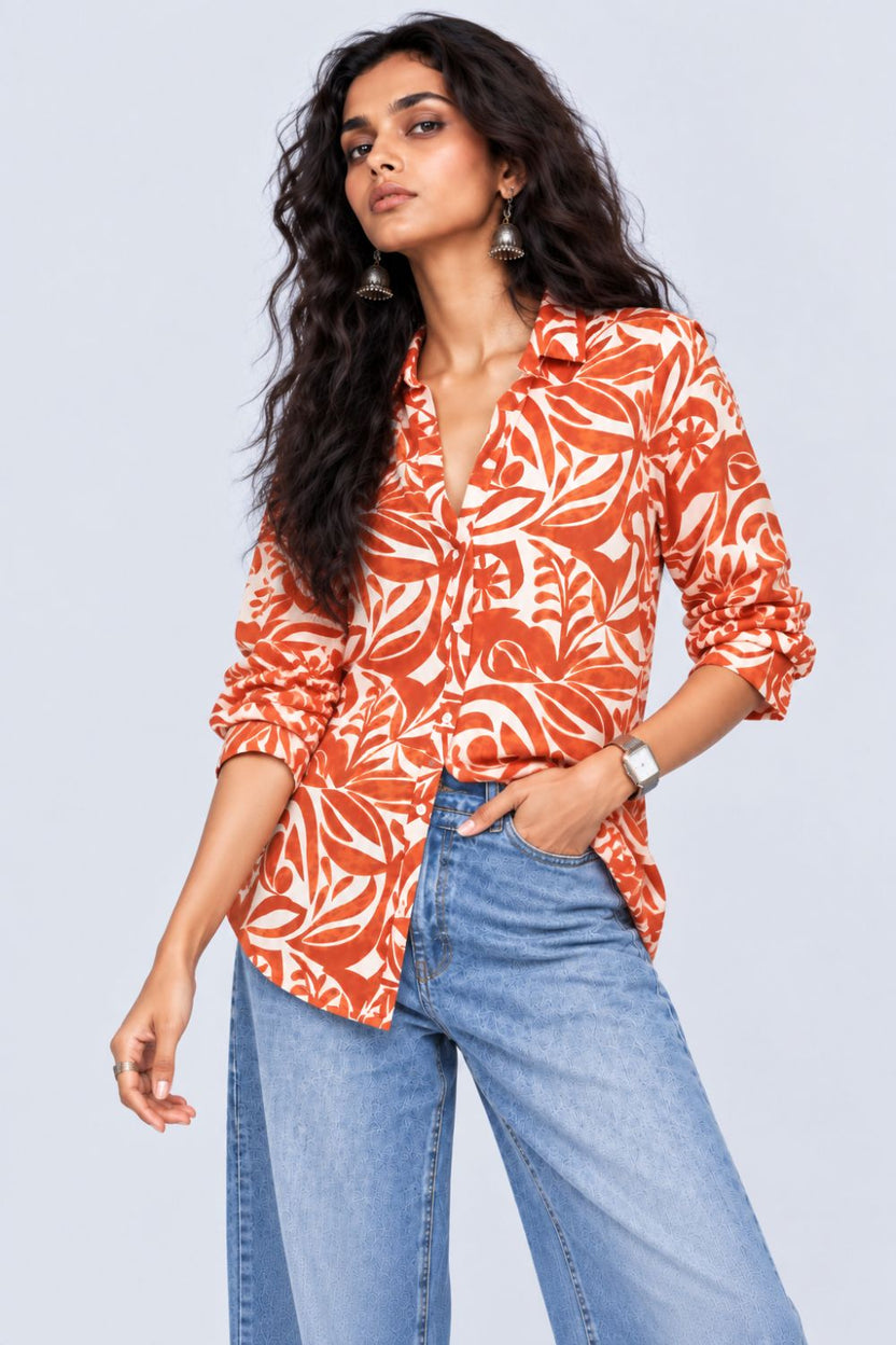 Womens Rust Tropical Print Casual Shirt - Image 2