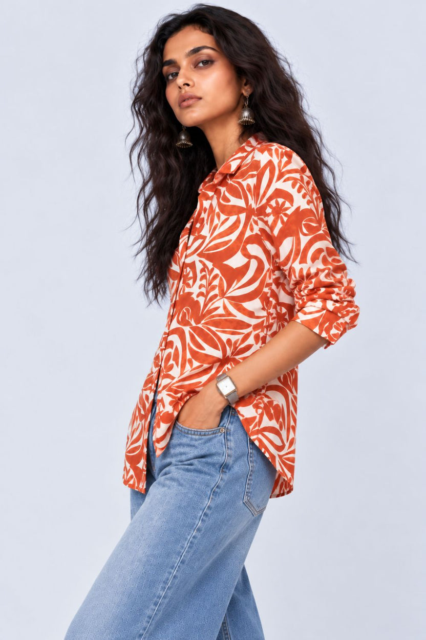 Womens Rust Tropical Print Casual Shirt - Image 4
