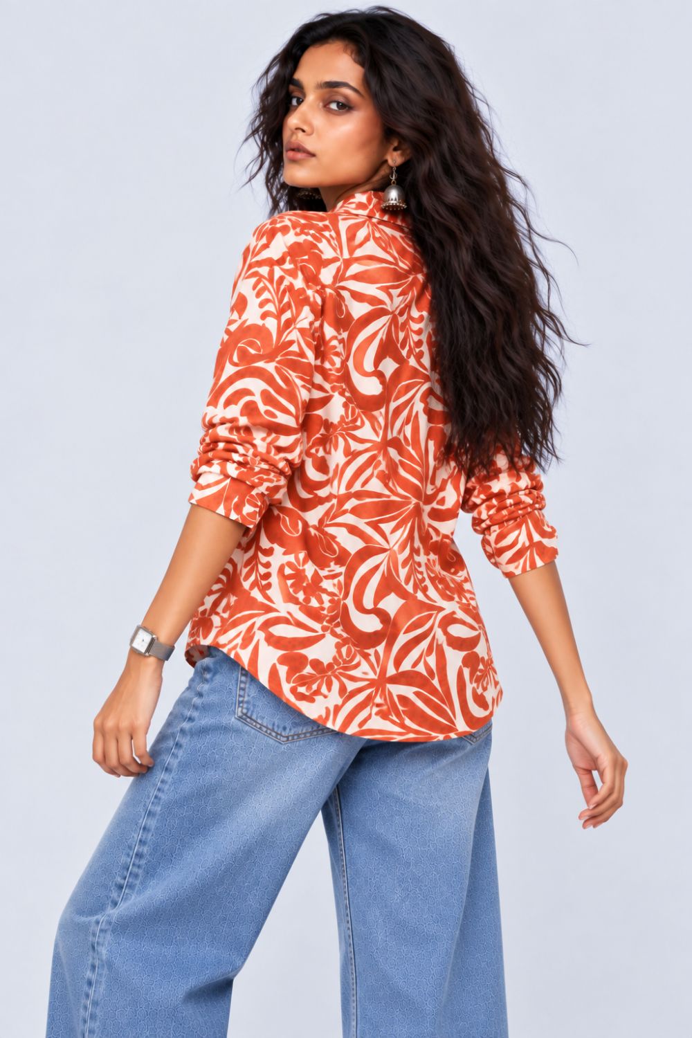 Womens Rust Tropical Print Casual Shirt - Image 5