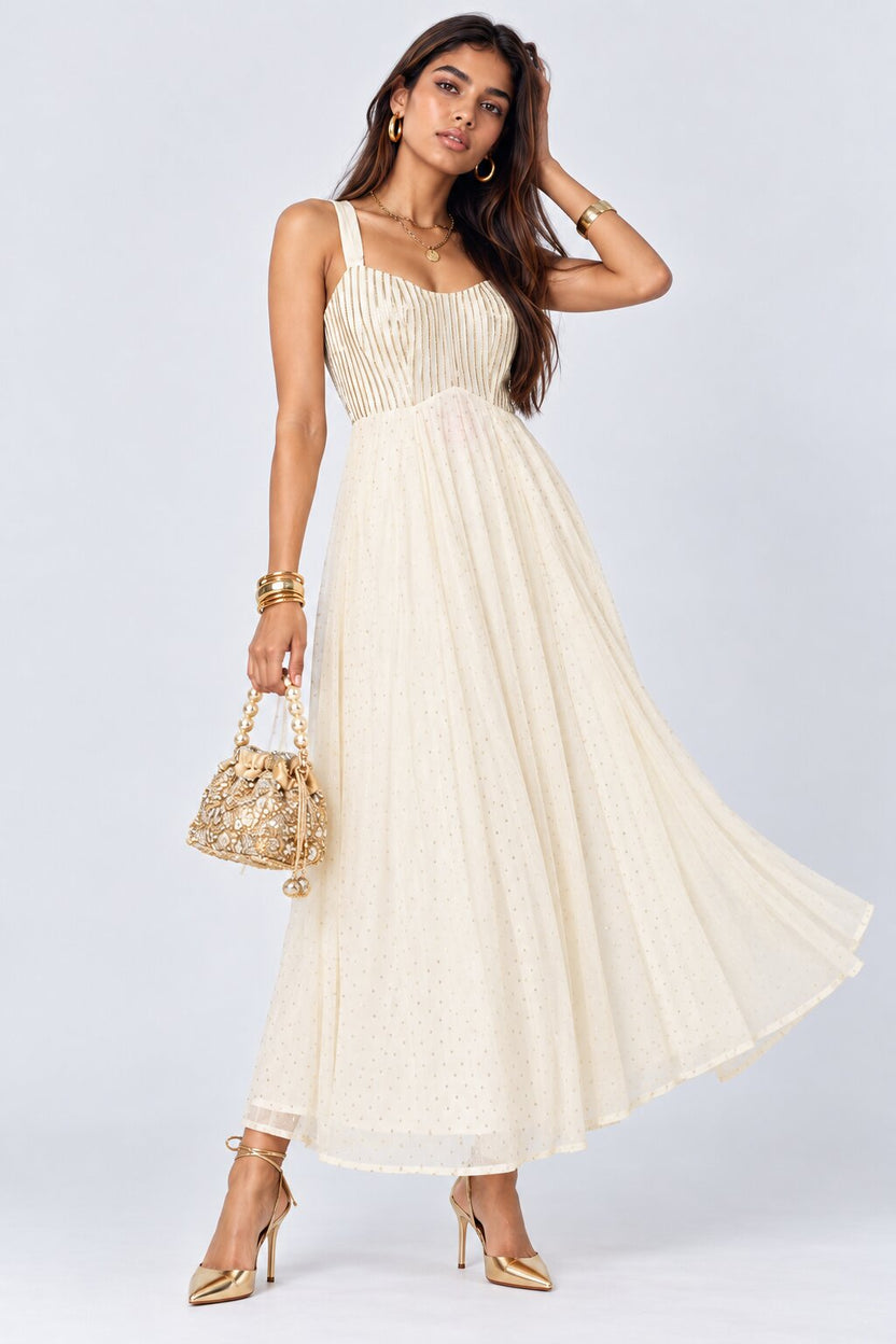 Off White Embellished Roman Silk Festive Dress - Image 1