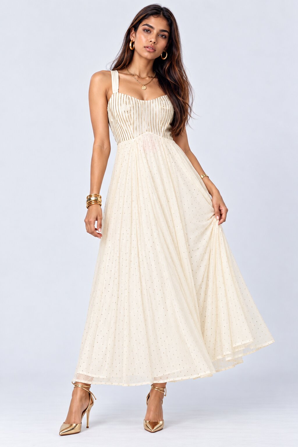 Off White Embellished Roman Silk Festive Dress - Image 2