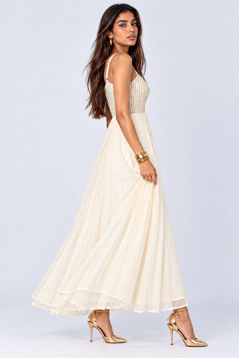Off White Embellished Roman Silk Festive Dress - Image 4