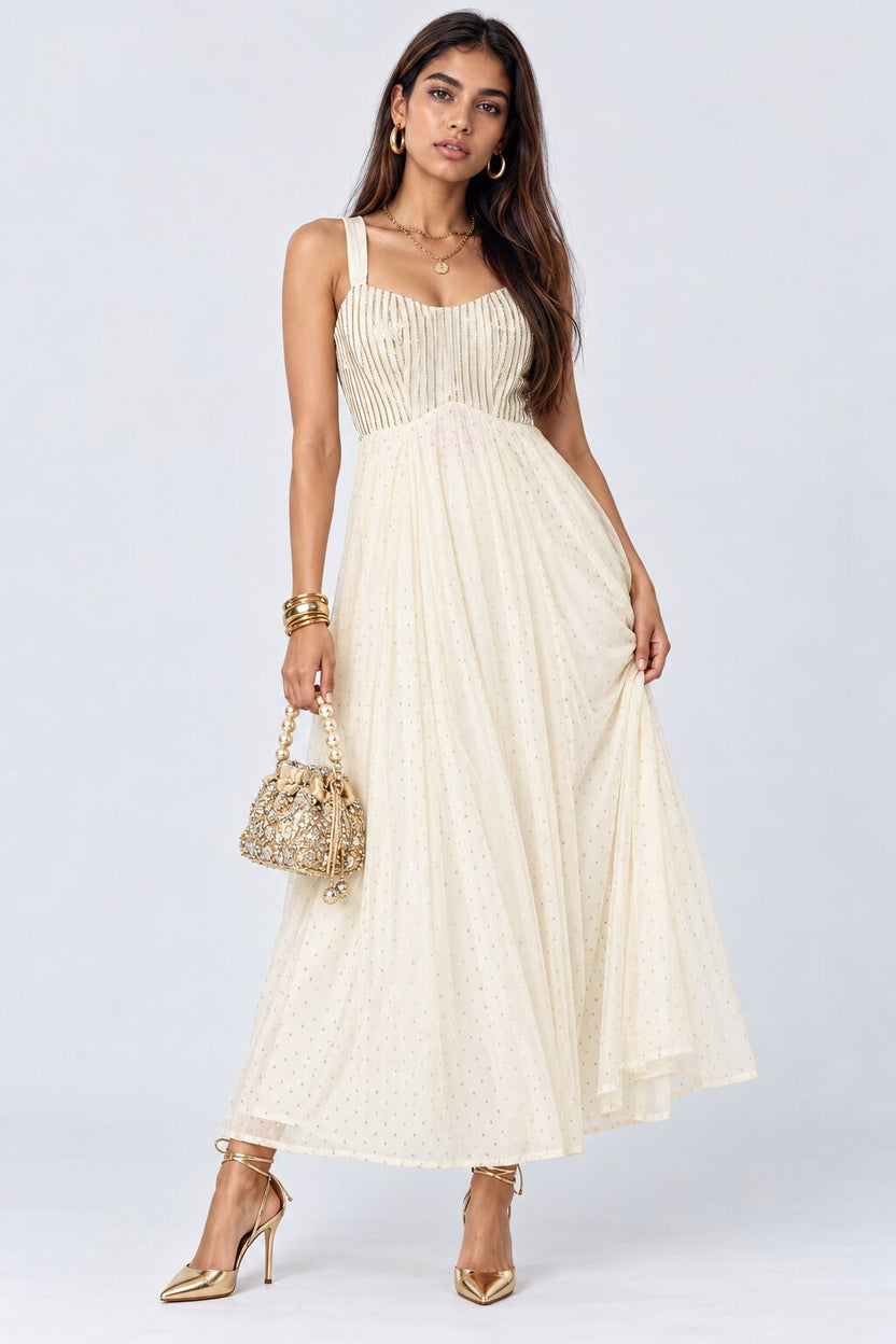 Off White Embellished Roman Silk Festive Dress - Image 6