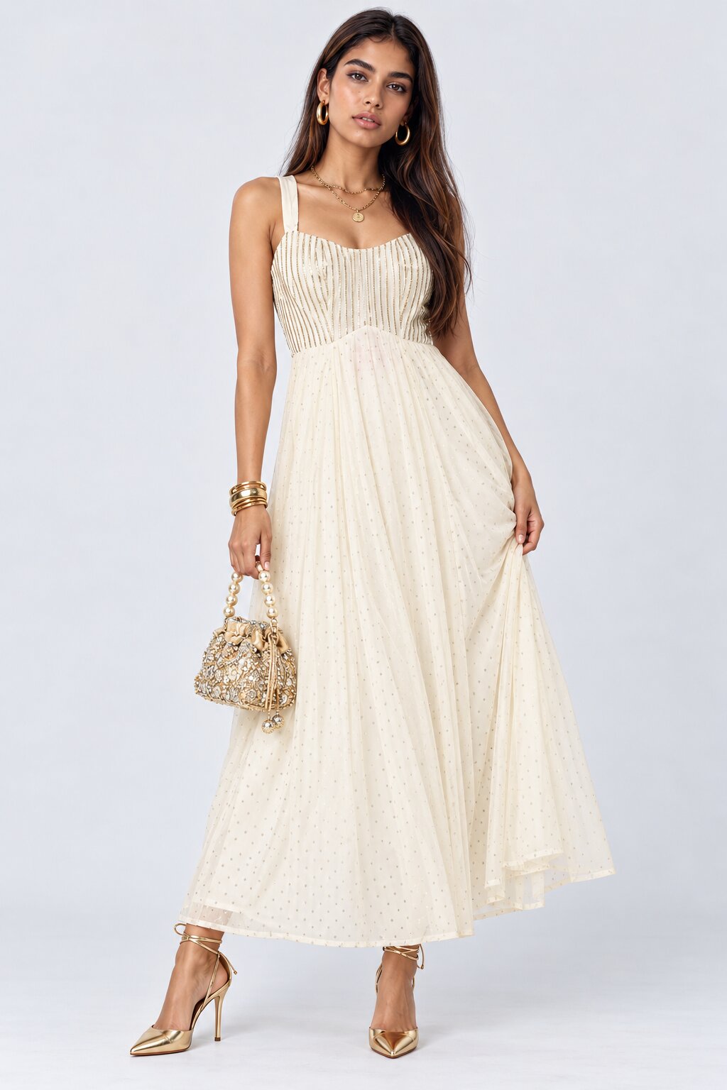 Off White Embellished Roman Silk Festive Dress - Image 6