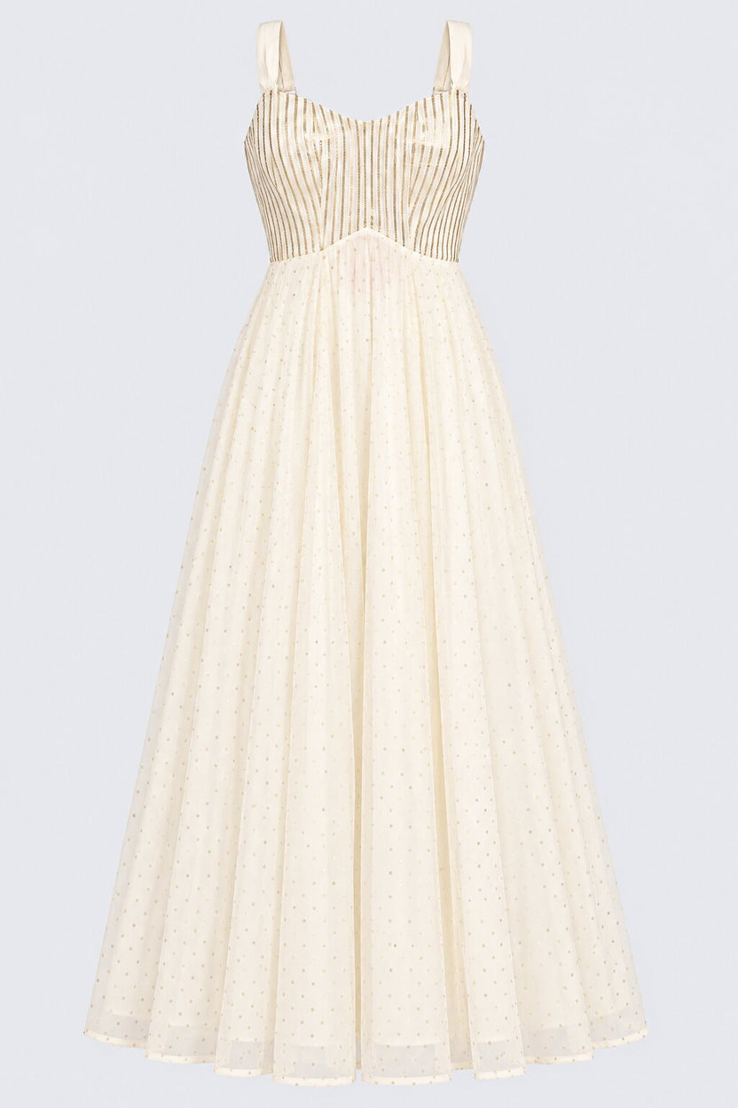 Off White Embellished Roman Silk Festive Dress - Image 7