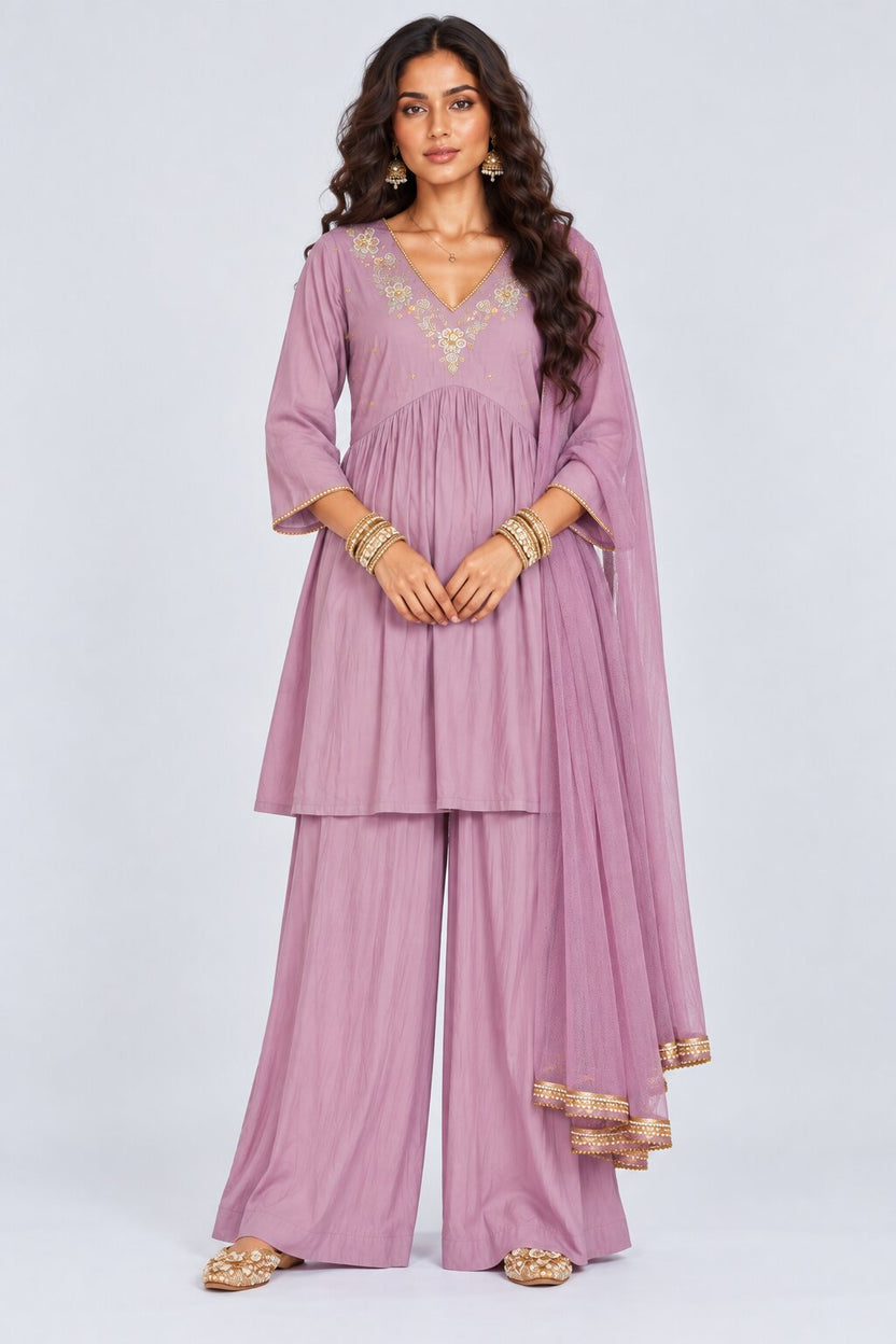 Womens Lilac Embroidered Three-Piece Kurta Palazzo Set - Image 2