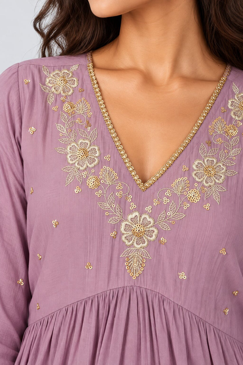 Womens Lilac Embroidered Three-Piece Kurta Palazzo Set - Image 3