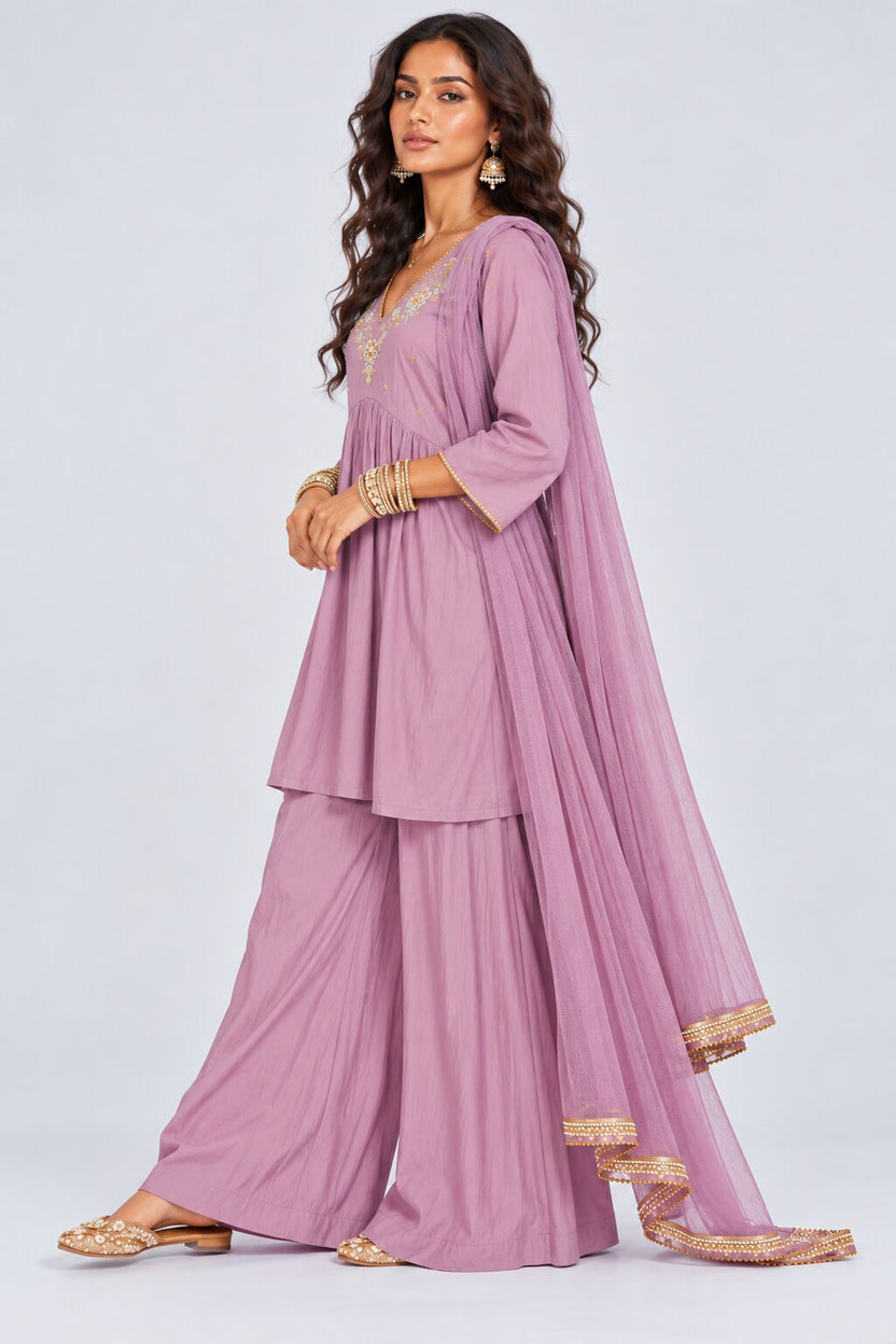 Womens Lilac Embroidered Three-Piece Kurta Palazzo Set - Image 5