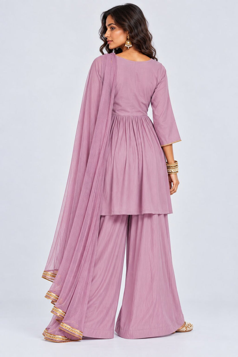 Womens Lilac Embroidered Three-Piece Kurta Palazzo Set - Image 6