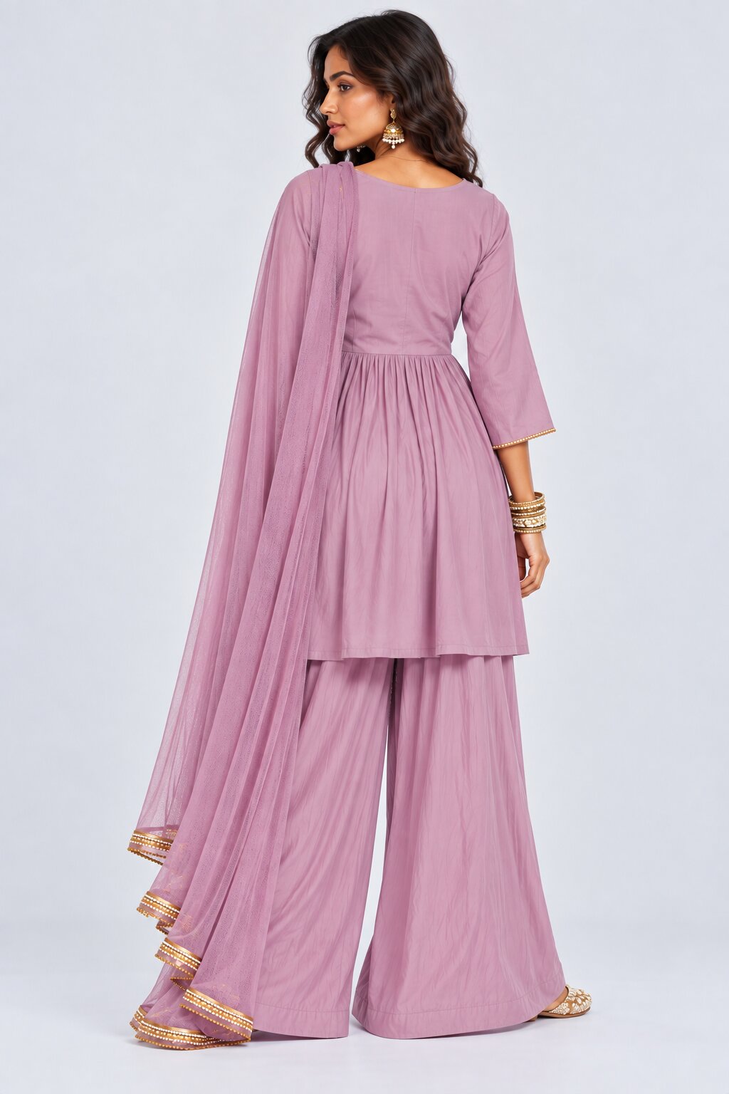 Womens Lilac Embroidered Three-Piece Kurta Palazzo Set - Image 6