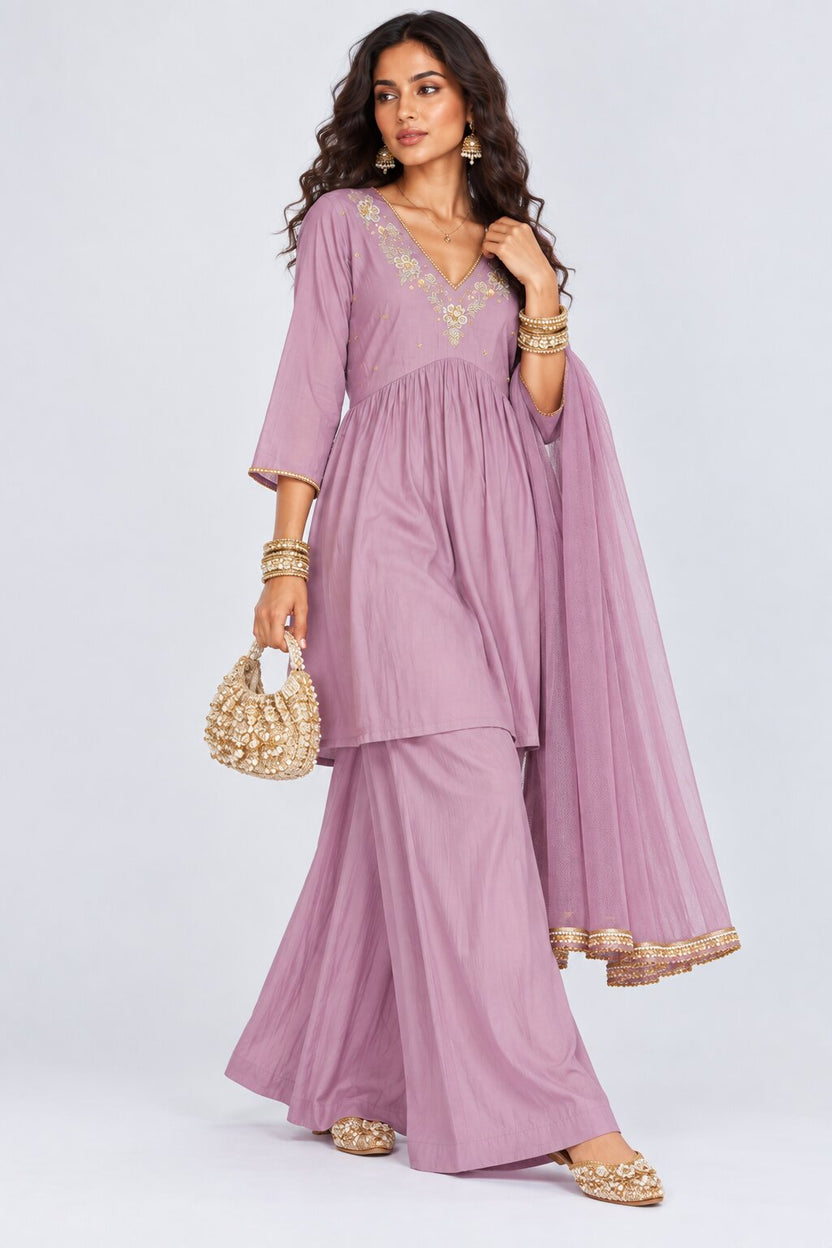 Womens Lilac Embroidered Three-Piece Kurta Palazzo Set - Image 7