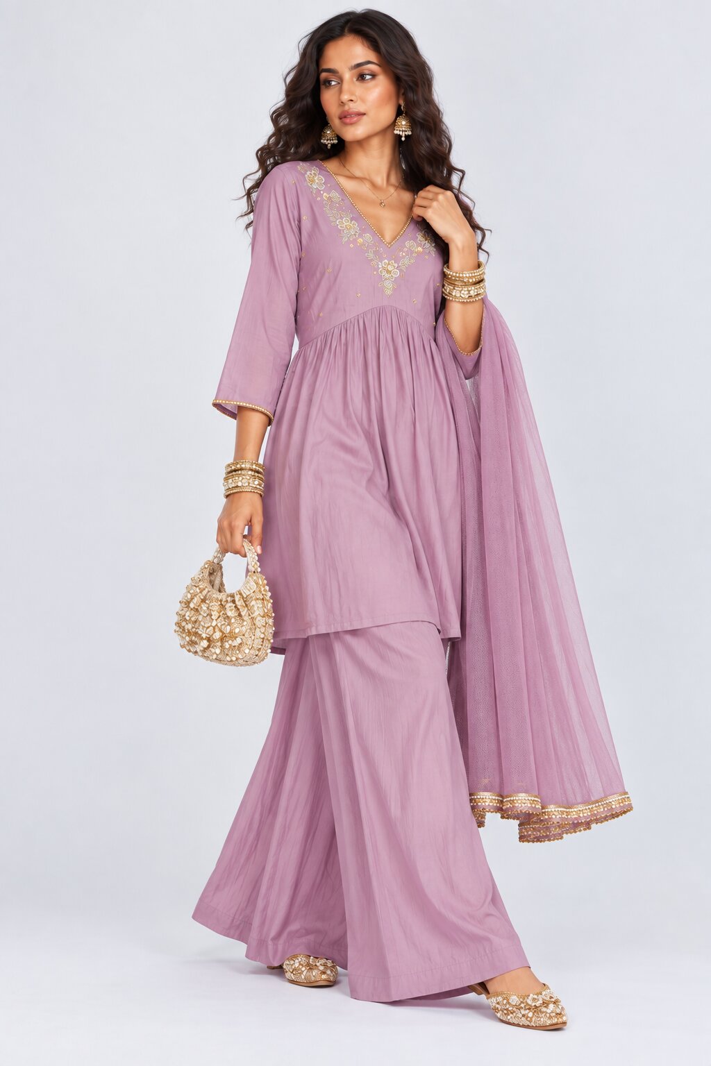 Womens Lilac Embroidered Three-Piece Kurta Palazzo Set - Image 7