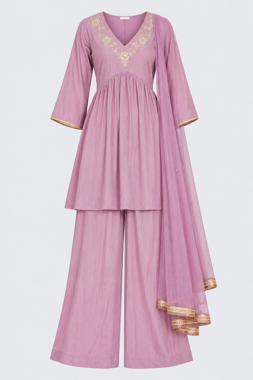 Womens Lilac Embroidered Three-Piece Kurta Palazzo Set - Image 8