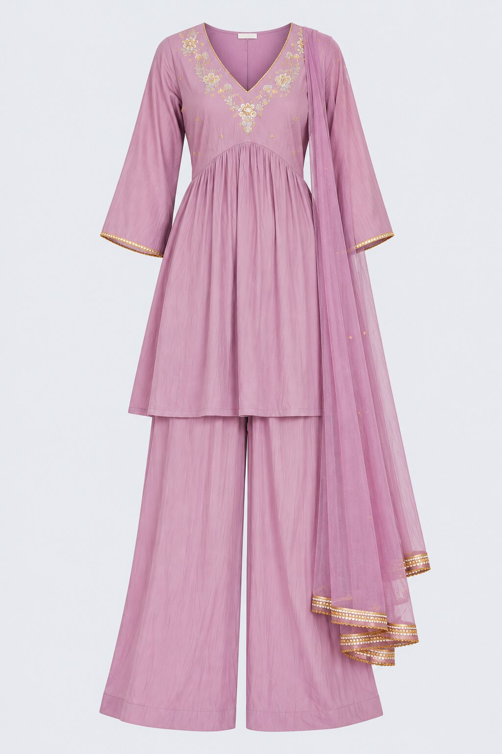Womens Lilac Embroidered Three-Piece Kurta Palazzo Set - Image 8