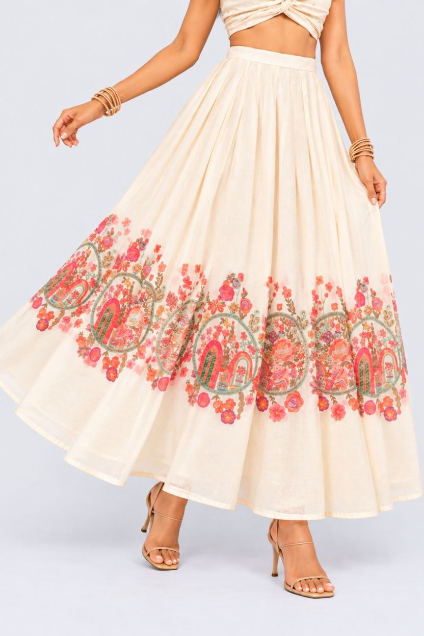 Womens Off White Floral Print Flared Festive Skirt - Image 2