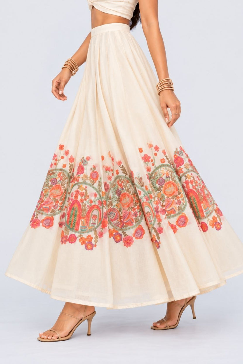 Womens Off White Floral Print Flared Festive Skirt - Image 4