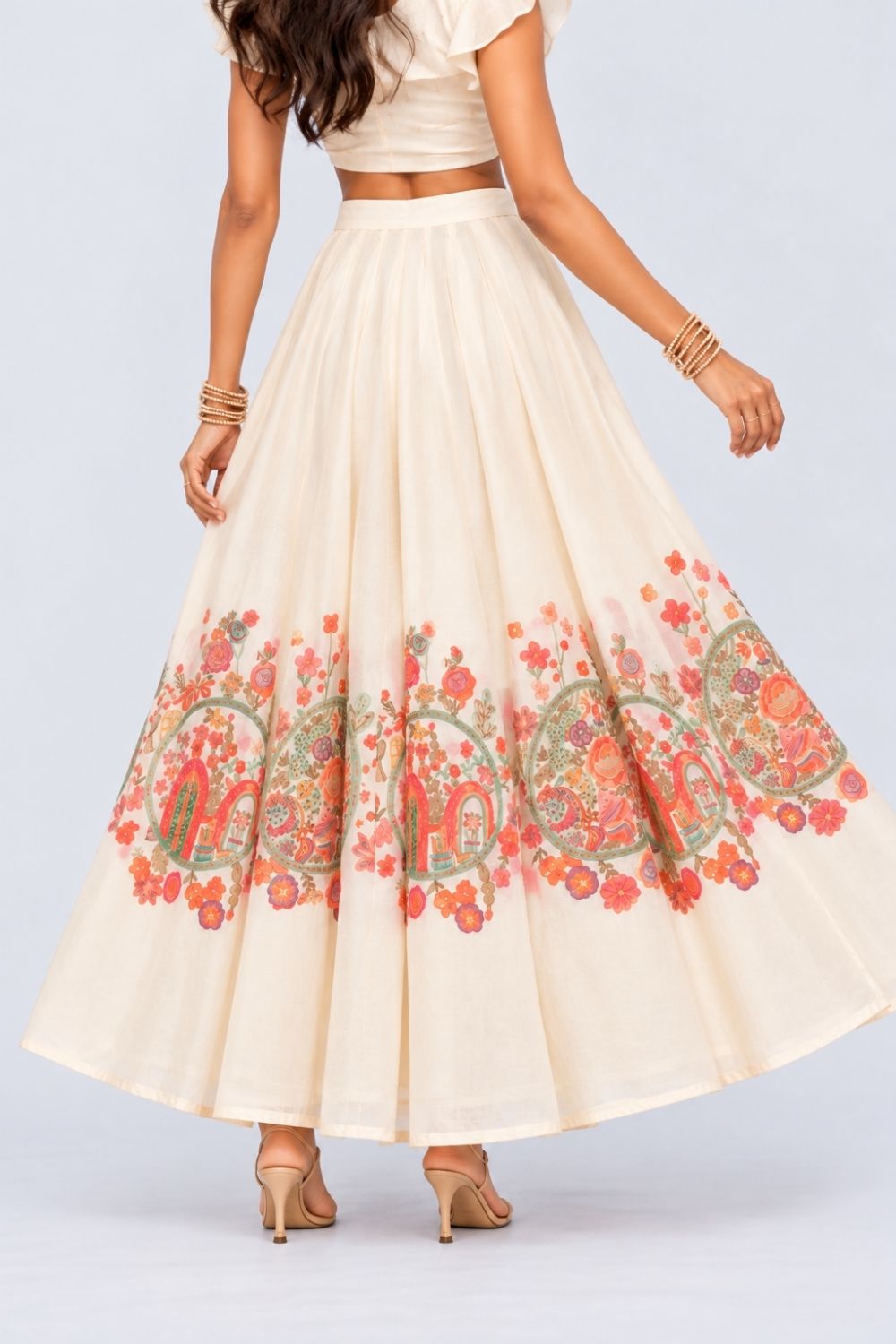 Womens Off White Floral Print Flared Festive Skirt - Image 5