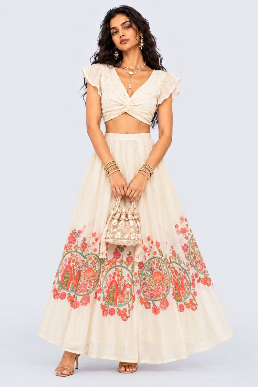 Womens Off White Floral Print Flared Festive Skirt - Image 6