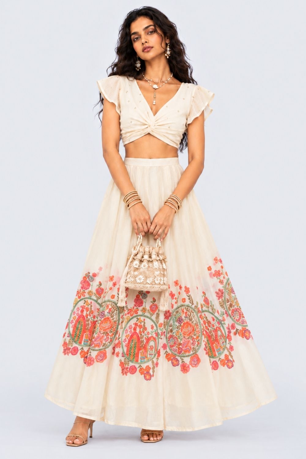 Womens Off White Floral Print Flared Festive Skirt - Image 6