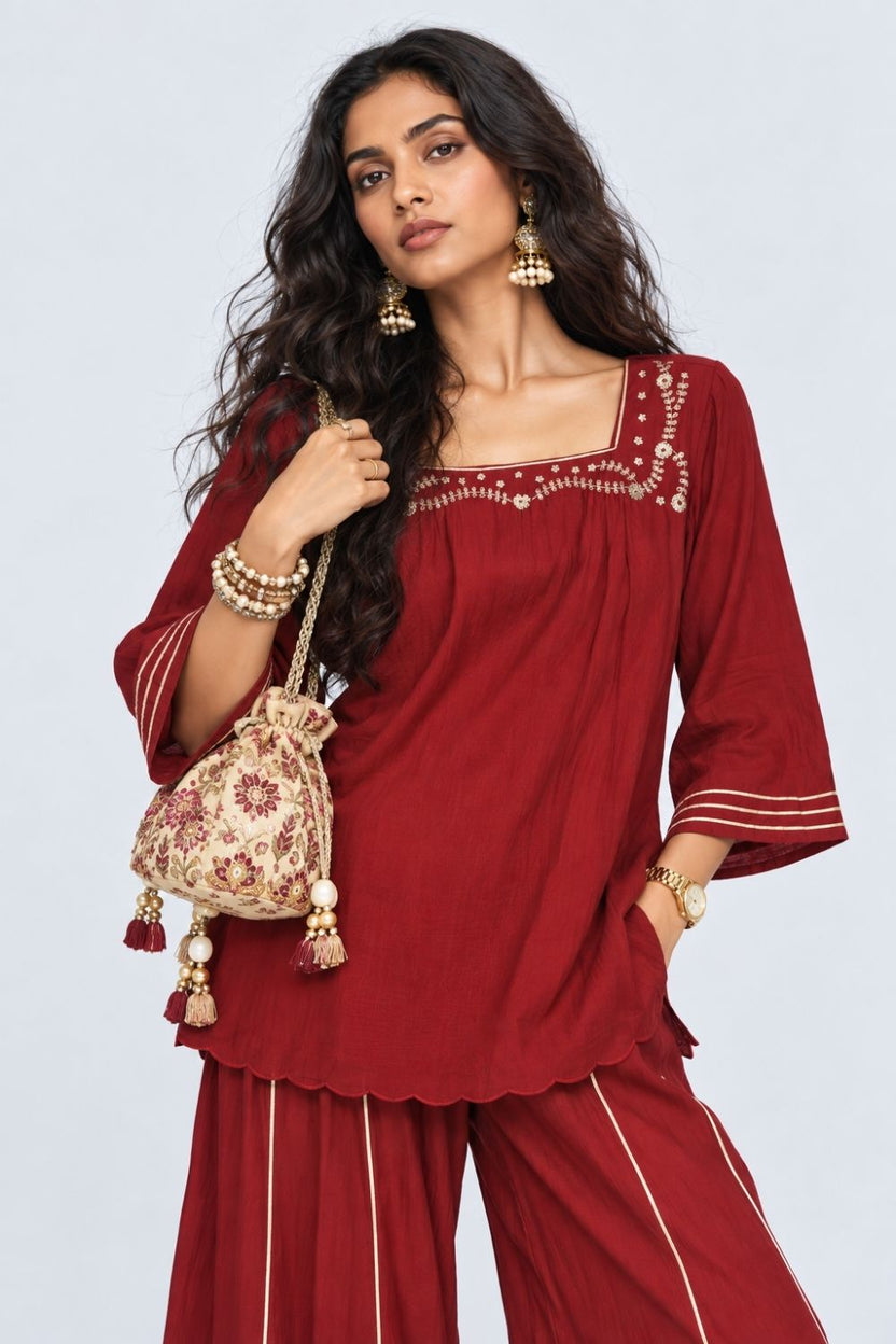 Womens Maroon Embroidered Kurta Palazzo Set - Image 4