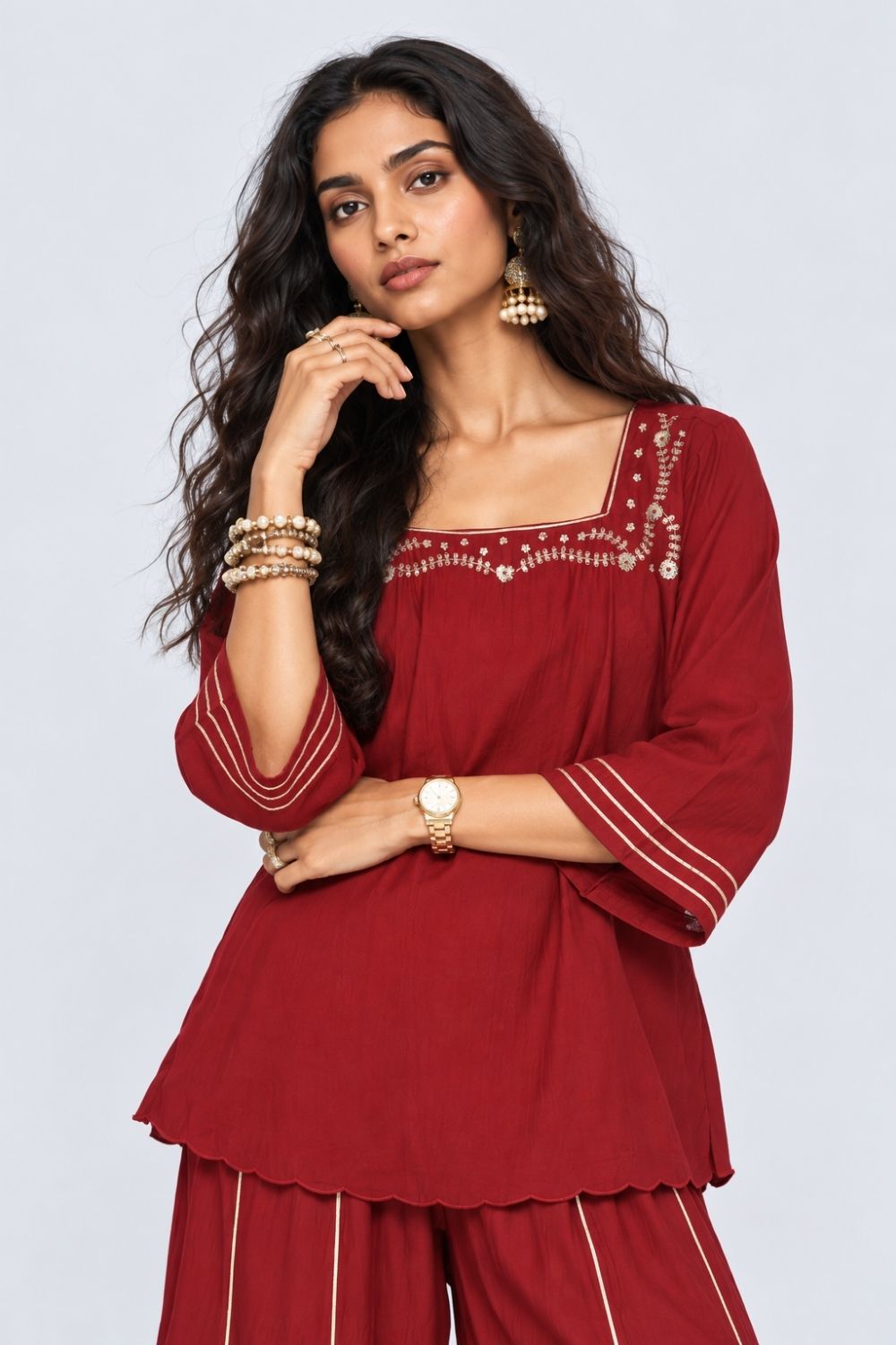 Womens Maroon Embroidered Kurta Palazzo Set - Image 2