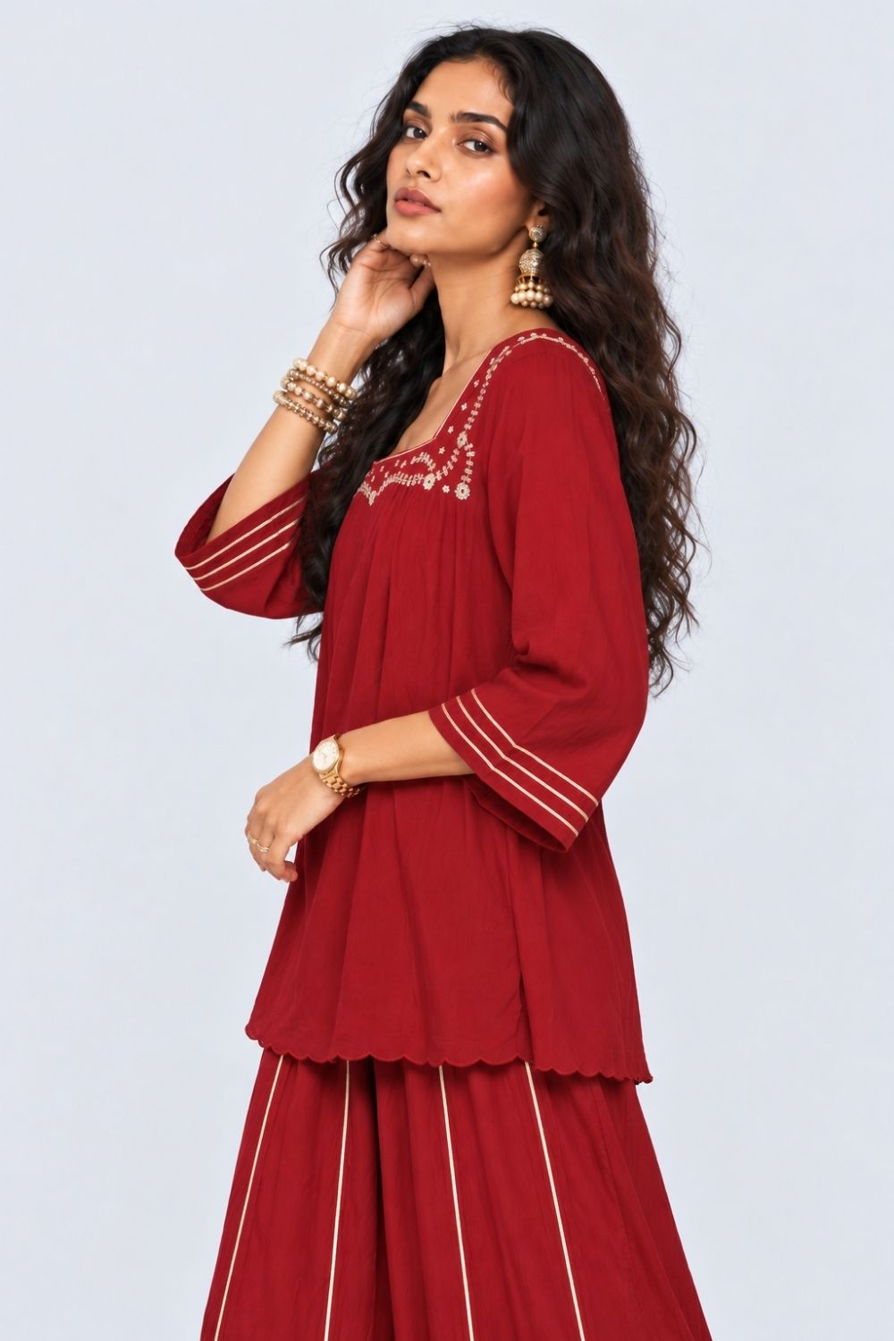 Womens Maroon Embroidered Kurta Palazzo Set - Image 4