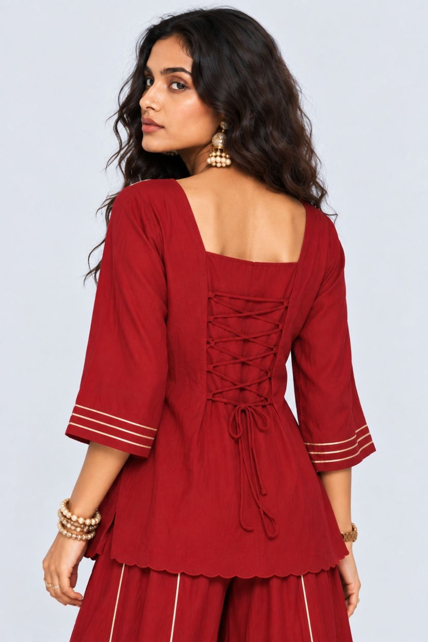 Womens Maroon Embroidered Kurta Palazzo Set - Image 5