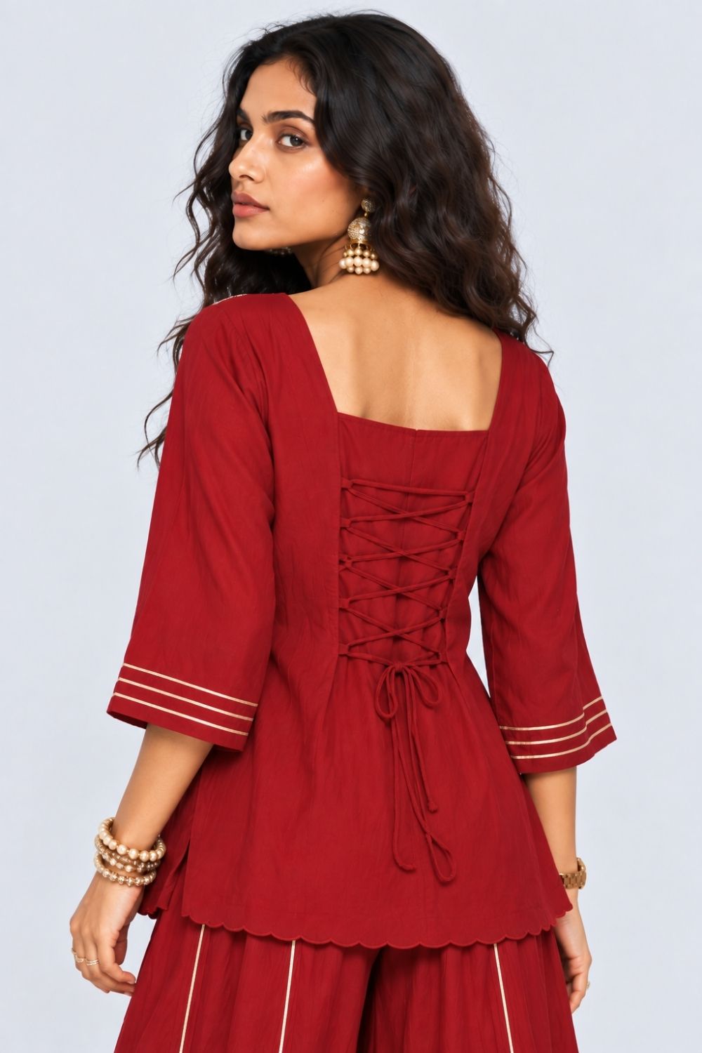 Womens Maroon Embroidered Kurta Palazzo Set - Image 5