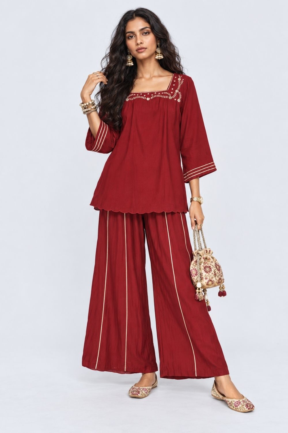 Womens Maroon Embroidered Kurta Palazzo Set - Image 6