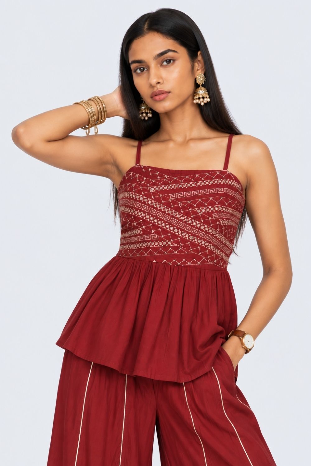 Womens Maroon Embroidered Peplum Cami Top - Image 2