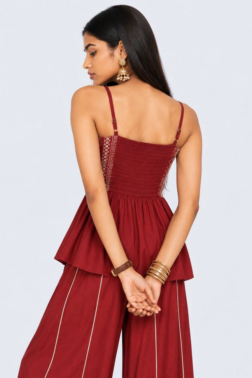 Womens Maroon Embroidered Peplum Cami Top - Image 5