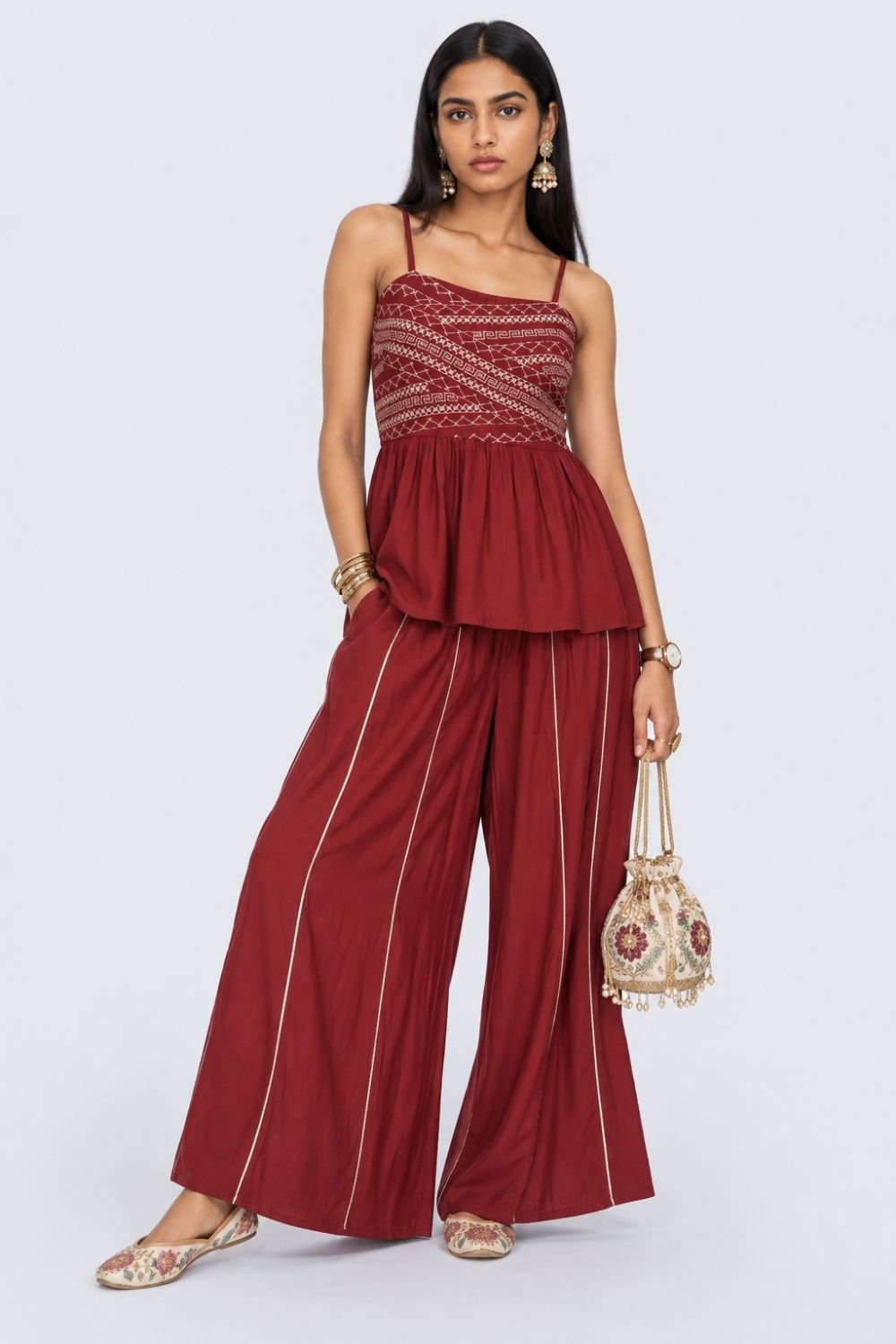 Womens Maroon Embroidered Peplum Cami Top - Image 6