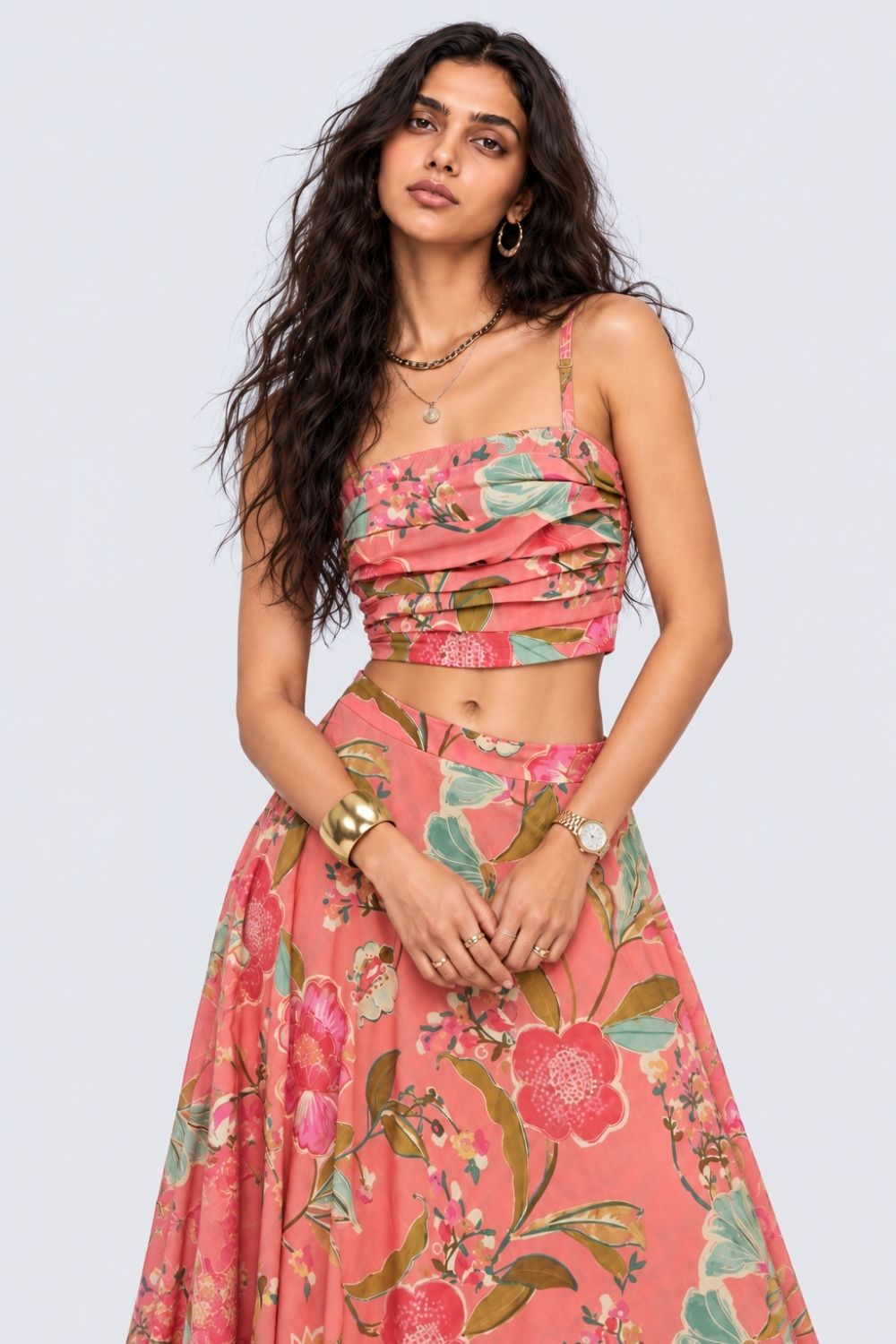 Womens Pink Floral Printed Ruched Crop Top - Image 3