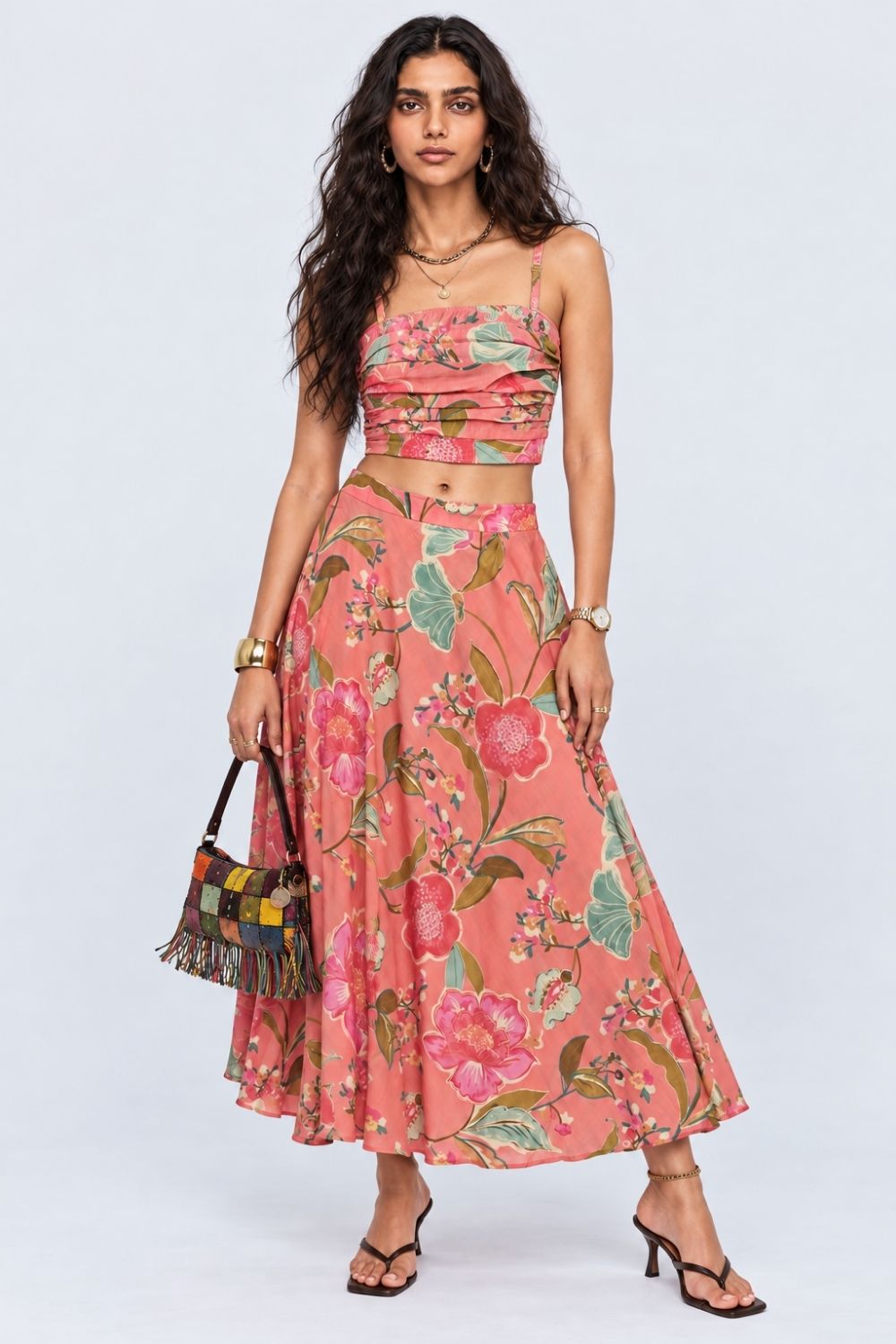 Womens Pink Floral Printed Ruched Crop Top - Image 7