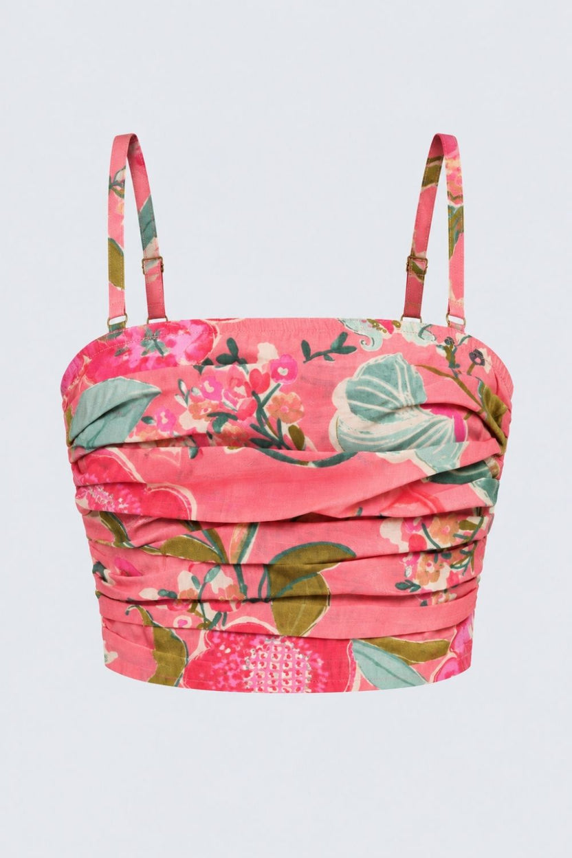 Womens Pink Floral Printed Ruched Crop Top - Image 8