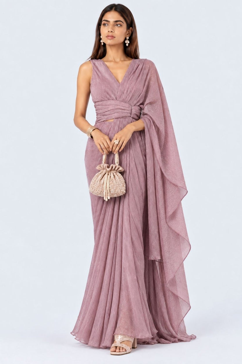 Womens Lilac Shimmer Draped Sari - Image 2