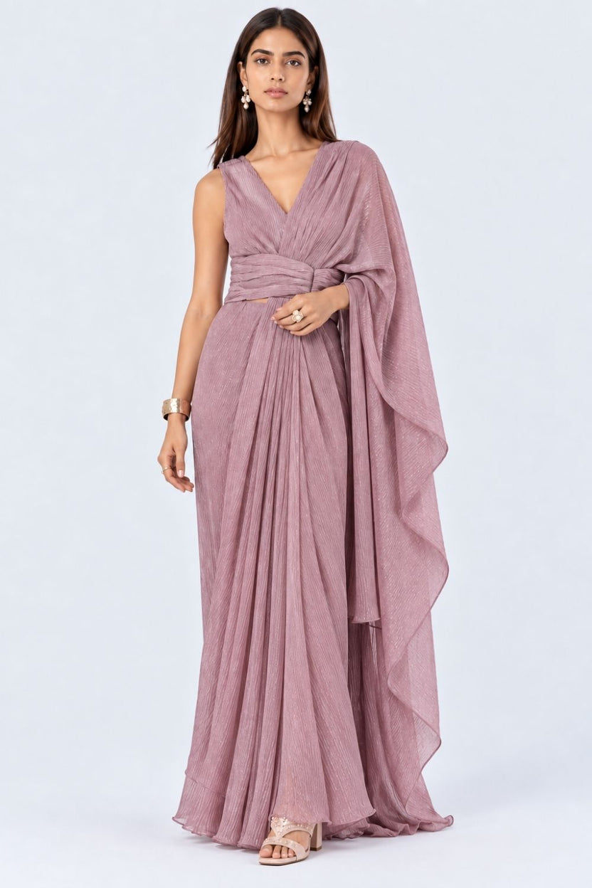 Womens Lilac Shimmer Draped Sari - Image 2